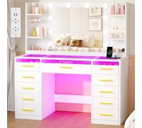 ANWBROAD Tocador de Maquillaje con Espejo y Luces LED, Mesa Maquillaje con Puertas de Vidrio Templado y Enchufes, Tocador Moderno con 11 Cajones y 9 Estantes, para Dormitorio Blanco BDT33W