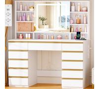 ANWBROAD Tocador Grande con iluminaci贸n LED y enchufes, 3 Colores, tocador con Espejo, 11 cajones, 6 Compartimentos Abiertos, Espejo de Aumento 10x, Almacenamiento para Joyas, Color Blanco BDT99W