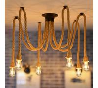 ANWIO Lamparas Colgantes de Techo de Cáñamo, Lampara Techo Rustica con 6 E27 Bases, Lampara Colgante Isla Cocina, Lampara Industrial Ideal para Salón,Comedor,Restaurante,Bar,Cafetería(Sin Bombillas)