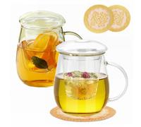 ANWONE Juego de 2 tazas de té de cristal transparente con infusor y tapa, para hojas de té sueltas, té de frutas, café, bolsas de té, 500 ml, con exquisito tapete para taza, apto para microondas y