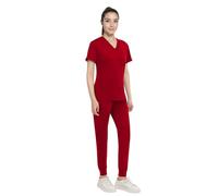 Anwrtuk Scrubs - Conjunto para Mujer, Uniforme médico, elástico, Cuello en V, Top y Pantalones de Jogger con Cintura, múltiples Bolsillos, Vino, L