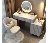 AnYaBinni Juego de Tocador con Espejo LED, 3 Modos de Color con Brillo Ajustable, Tocador Moderno con 6 Cajones de Madera y Silla de Terciopelo para Dormitorio, 80/100 * 40 * 76 CM