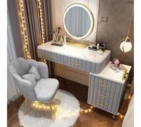 AnYaBinni Tocador con Cajones, Armadietto y Silla de Terciopelo para Mujeres y Niñas Mesa de Maquillaje Moderno Espejo LED lo, 3 Colores y Brillo Ajustable