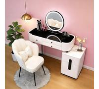 AnYaBinni Tocador con Espejo Iluminado, 3 Colores LED con Brillo Regulable, Moderno Tocador con 5 Cajones y Silla de Terciopelo para Dormitorio, 80/100 * 40 * 78 CM