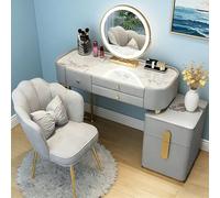 AnYaBinni Tocador con Espejo Iluminado, 3 Colores LED con Brillo Regulable, Moderno Tocador con 5 Cajones y Silla de Terciopelo para Dormitorio, 80/100 * 40 * 78 CM