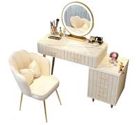 AnYaBinni Tocador con Espejo LED, Tres Colores Brillo Ajustable, Moderno Tocador de Maquillaje con5 Cajones de Madera Maciza, Silla de Terciopelo para Dormitorio, L80/100 CM