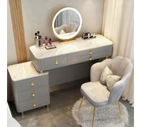 AnYaBinni Tocador con LED Espejo, 3 Modos de Color con Brillo Ajustable, Moderno Tocador de Maquillaje con 5 Cajones da Madera, Silla Velvet para Dormitorio, 80/100 * 40 * 78 CM