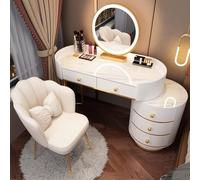 AnYaBinni Tocador con LED Espejo, 3 Modos de Color con Brillo Ajustable, Tocador de Maquillaje con 6 Cajones de Madera Maciza y Silla de Terciopelo para Niñas y Mujeres, 80/100 * 40 * 78 CM