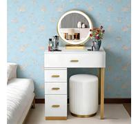 AnYaBinni Tocador con LED Espejo, 3 Modos de Color y Brillo Ajustable, Tocador de Maquillaje con 4 Cajones da Madera y Taburete para Dormitorio, 50/60 * 40 * 75 CM