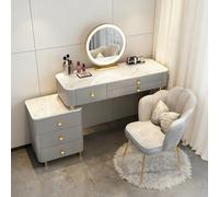 AnYaBinni Tocador con LED Espejo y Sedia in Velluto Set, 3 Colores y Brillo Ajustable, Moderno Tocador de Maquillaje con 6 Cajones da Madera para Mujeres, Niñas