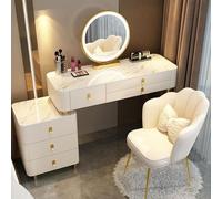 AnYaBinni Tocador con Luz LED Espejo, 3 Modos de Color y Brillo Ajustable, Tocador de Maquillaje Moderno con 5 Cajones da Madera, Silla de Terciopelo para Mujeres y Niñas, 80/100 * 40 * 78 CM