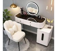 AnYaBinni Tocador de Maquillaje con LED Espejo, 3 Colores de Luz Ajustables, Mesa Tocador con 5 Cajones da Madera y Silla Velvet para Dormitorios, Estilo Moderno