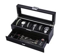 anyasun Caja de reloj de cuero para hombre, 6 ranuras, con cajón de joyería de fibra de carbono, parte superior de ventana de vidrio real y con cerradura… (6 ranuras con cajón)