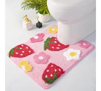 Anybar Alfombra de baño en forma de U de 20 x 20 pulgadas, súper suave, absorbente, con bonito diseño de fresas y flores, antideslizante, de secado rápido, lavable, para decoración de baño (rosa)