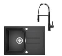 ANYCEE 65x45 cm Fregadero Granito con Grifo, Fregadero Negro 1 Seno con Escurridor para Armario bajo de Más de 40cm