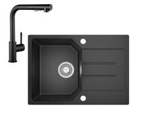 ANYCEE Fregadero de granito 78 x 45 cm con grifo, fregadero negro con superficie de drenaje para armario bajo a partir de 45 cm, fregadero de granito negro incl. 80% de arena de cuarzo, sifón y más