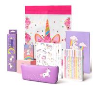 Anyfirst 37 Piezas Set Papelería Niña Incluir Estuche Escolar y Cuadernos y Adhesivas, Estuche con Papelería Unicornio Regalo Niñas 4 5 6 7 8 9 Años, Morado