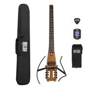 Anygig Guitarra eléctrica de viaje sin cabeza, tamaño completo, ultraligera (pesa solo 1,8 kg), 100% arce, afinador digital, funda para guitarra, soporte para zurdos y diestros, color marrón