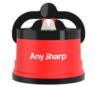 AnySharp Afilador de Cuchillos, Seguridad sin Manos, Ventosa, Afila con Seguridad Todos los Cuchillos de Cocina, Ideal para Acero Endurecido y Dentados, El Mejor del Mundo, Compacto, Rojo