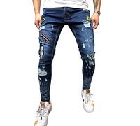 AnyuA Pantalones Vaqueros Hombres Pitillo Slim Fit Skinny Pantalone Casuales Elasticos Agujero Pantalón Personalidad Jeans Azul Marino 4XL