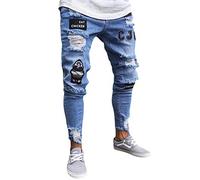AnyuA Pantalones Vaqueros Hombres Rotos Pitillo Slim Fit Skinny Pantalone Casuales Elasticos Agujero Pantalón Personalidad Jeans de Insignia Azul Claro XL