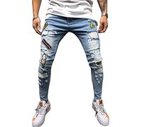 AnyuA Pantalones Vaqueros Hombres Rotos Pitillo Slim Fit Skinny Pantalone Casuales Elasticos Agujero Pantalón Personalidad Jeans de Insignia Azul Claro L