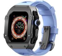 ANZOAT Caja de acero inoxidable de lujo de 49 mm, kit de correa de goma de flúor, para Apple Watch Ultra 8 2 49 mm, accesorios de corona de metal, correa de goma de acero inoxidable, kits de