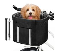 ANZOME Manillar delantero Cesto de bicicleta plegable delantero portabicicletas extraíble con banda reflectante Cinturón de seguridad para perros para bicicleta Soporte de batería de liberación rápida