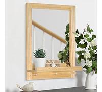 AOAOPQ Espejo de baño con estante y ganchos, marco de madera, espejo de pared con estantes para colgar, para entrada, dormitorio, sala de estar, 42 x 58 cm, color beige