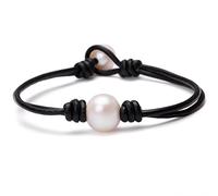 Aobei Pearl Single Kultur Süßwasserperl pulsera 7 '' cuero negro pulsera de perlas blancas