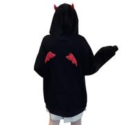 Aobiono Sudadera con capucha para mujer con cuernos y alas Kawaii Alt Anime estético Harajuku Y2K gótico lindo demonio japonés Dark Academia, Negro -, S