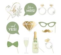 AOBKIAT Kit de accesorios de fotos de boda verde oliva, 12 accesorios de fotos de compromiso con tacos de madera para despedida de soltera, boda bohemia verde