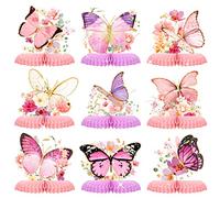 AOBKIAT Paquete de 9 decoraciones de fiesta de mariposa, centros de mesa de panal con flores rosas, para cumpleaños, despedidas de soltera, bodas, compromisos, revelaciones de género