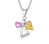 AOBOCO Collar Ángel de la Guarda Plata de Ley 925 Collar Colgante Ángel con Cristales, Bautizo Comunión Regalos de Cumpleaños para Niñas (Rosa)