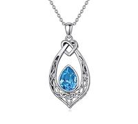 AOBOCO Collar con cadena azul aguamarina y nudo celta, plata de ley 925 oxidada colgante vintage de nudo de amor con cristal de piedra natal de marzo Regalos de joyería para mujer