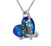 AOBOCO Collar con colgante de gato negro en plata de ley 925 con un grabado I Love You Forever y cristal azul de corazón de Austria Regalos de cumpleaños para mujer