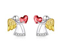 AOBOCO Pendientes Ángel de la Guarda Niños Plata de Ley 925 Pendientes de Ángel, Regalos de Bautizo Regalos de Comunión para Niñas (Rojo)