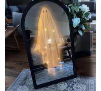 AOBUJDUB Halloween Novelty Ghost Mirror, Ghost Mirror Hologram with Creepy Eyes for Haunted House Decor, for Bedroom,Kitchen,Fireplace(Round Warm Light,35 * 20 * 2.5cm)