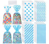 Aodaer 100 bolsas de celofán azul de 10.6 x 5.1 pulgadas, bolsas de plástico para dulces, bolsa de regalo de celofán con rayas de lunares, bolsa de regalo con lazos giratorios para cumpleaños, baby