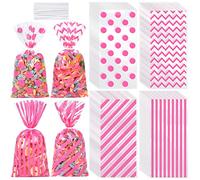 Aodaer 100 bolsas de celofán rosa de 10.6 x 5.1 pulgadas, bolsas de plástico para caramelos, bolsa de regalo de celofán con rayas de lunares, bolsa de regalo con lazos giratorios para cumpleaños, baby