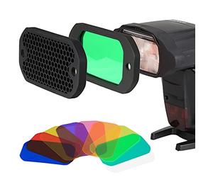 AODELAN Juego de filtros de gel de flash, rejilla universal de panal con kit de filtros de iluminación Speedlite de 8 colores para cámara Canon, Nikon, Sony, Godox y Yongnuo