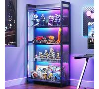 AODK Vitrina con estantes de cristal, vitrina de 4 niveles con luces RGB y malla metálica industrial, estante de exhibición negro