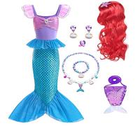 AODOKAT Disfraz Vestido Sirenita Niña Princesa Ariel Sirena con Peluca de Pelo para Cumpleaños Carnaval Halloween con Accesorios 4 a 12 años
