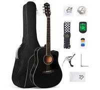 AODSK AG-41BK - Kit de guitarra acústica para principiantes, 41 pulgadas, tamaño completo, con tapa de abeto sólido con bolsa, afinador, púas, correa de cuerda, mano derecha, color negro, AG-41BK