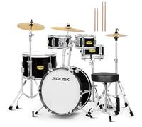 AODSK Juego de batería para niños de 5 piezas para principiantes, kit completo de batería de tamaño completo de 14 pulgadas con trono ajustable, platillo, sombrero alto, pedal y baqueta, color negro
