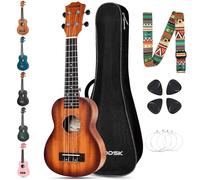 AODSK Ukelele de concierto Sunburst para principiantes, de 58 cm, con correa para bolsa de concierto, cuerda de nailon, 4 púas, regalo de vacaciones