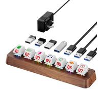 AODUKE Hub alimentado por USB 3.0 de 7 puertos con diseño de madera de nogal, transferencia de datos de 5 Gbps, iluminación RGB, expansor de interruptor de teclado mecánico de 3 pines intercambiable