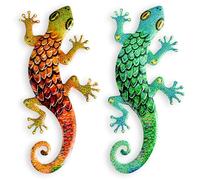 AOFOX 2 piezas de metal gecko decoración de pared lagarto jardín arte escultura colgante de color para interior exterior patio valla (amarillo y verde)