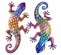 AOFOX 2 piezas de metal gecko decoración de pared lagarto jardín arte escultura colgante de color para interior exterior patio valla (amarillo y azul)