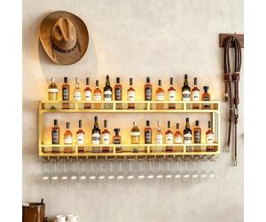 Aogley Botellero de Pared Industrial, Botellero de Metal con Portavasos 2-3 Niveles, Botelleros De Almacenamiento Multifuncional para el hogar, Restaurante, Bares(100 * 25 * 54cm)